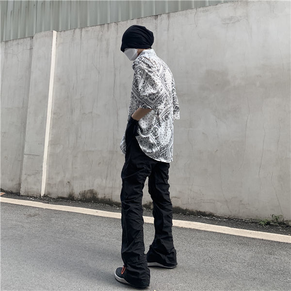 High Street Functional Vibe Style Folded Stacked Micro Horn Long Pants for Men's American Slim Fit Street Instagram Versatile Casual Pants_voghion.com