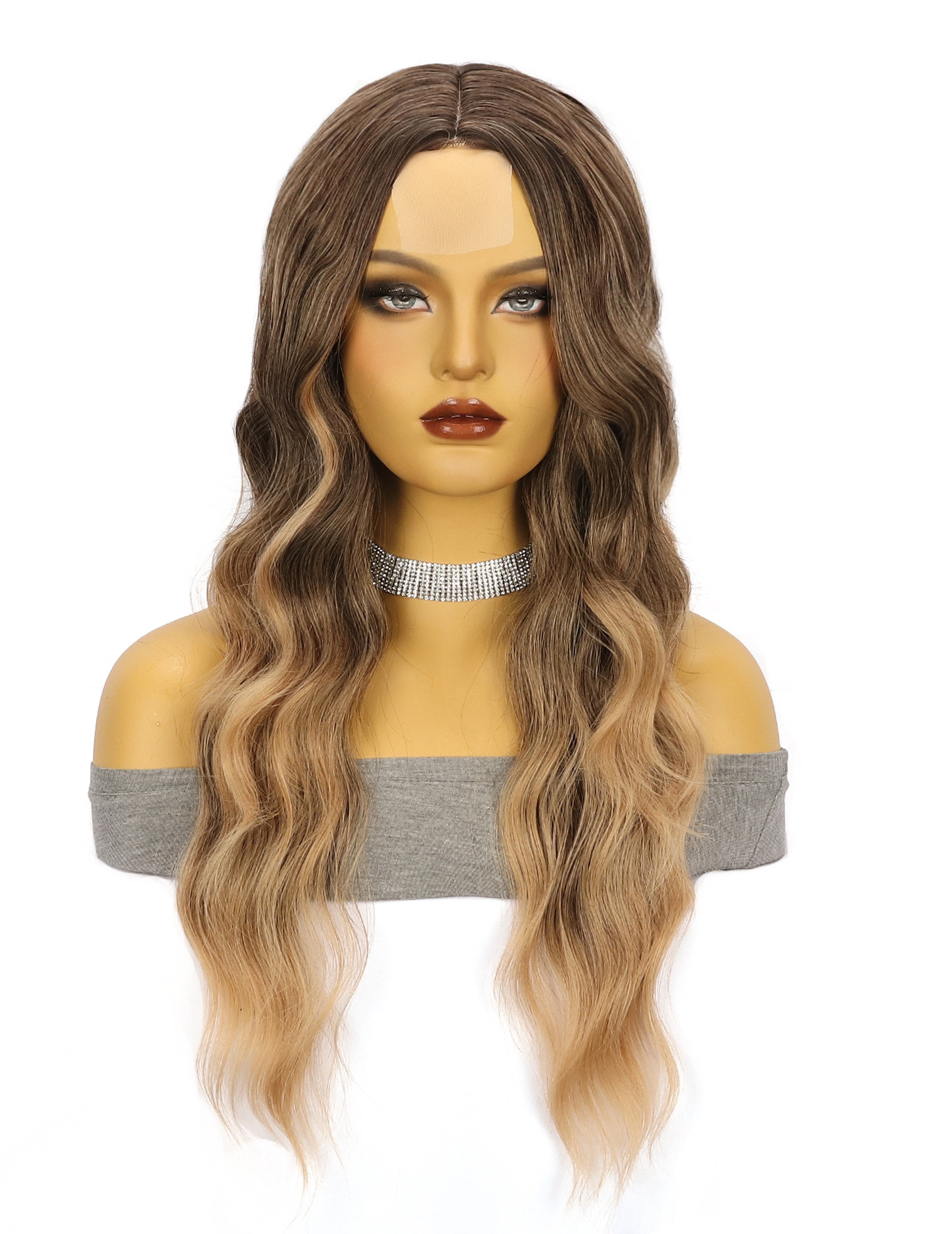 Amazon nuevo marrón onda grande largo rizo pelo de fibra química frente encaje señoras peluca pequeño en stock