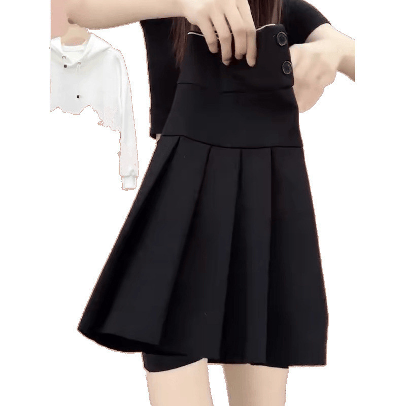 黒のスカートプリーツスカート 2024 夏の新デザインレタリングおなかコントロール弾性スカート|undefined