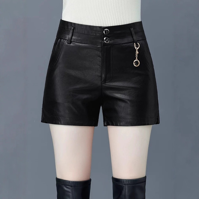 Black Leather Shorts for Women 2025 New Style Petite Straight Outer Wear Leggings Autumn and Winter High Waist Pu Leather Pants Fleece-Lined