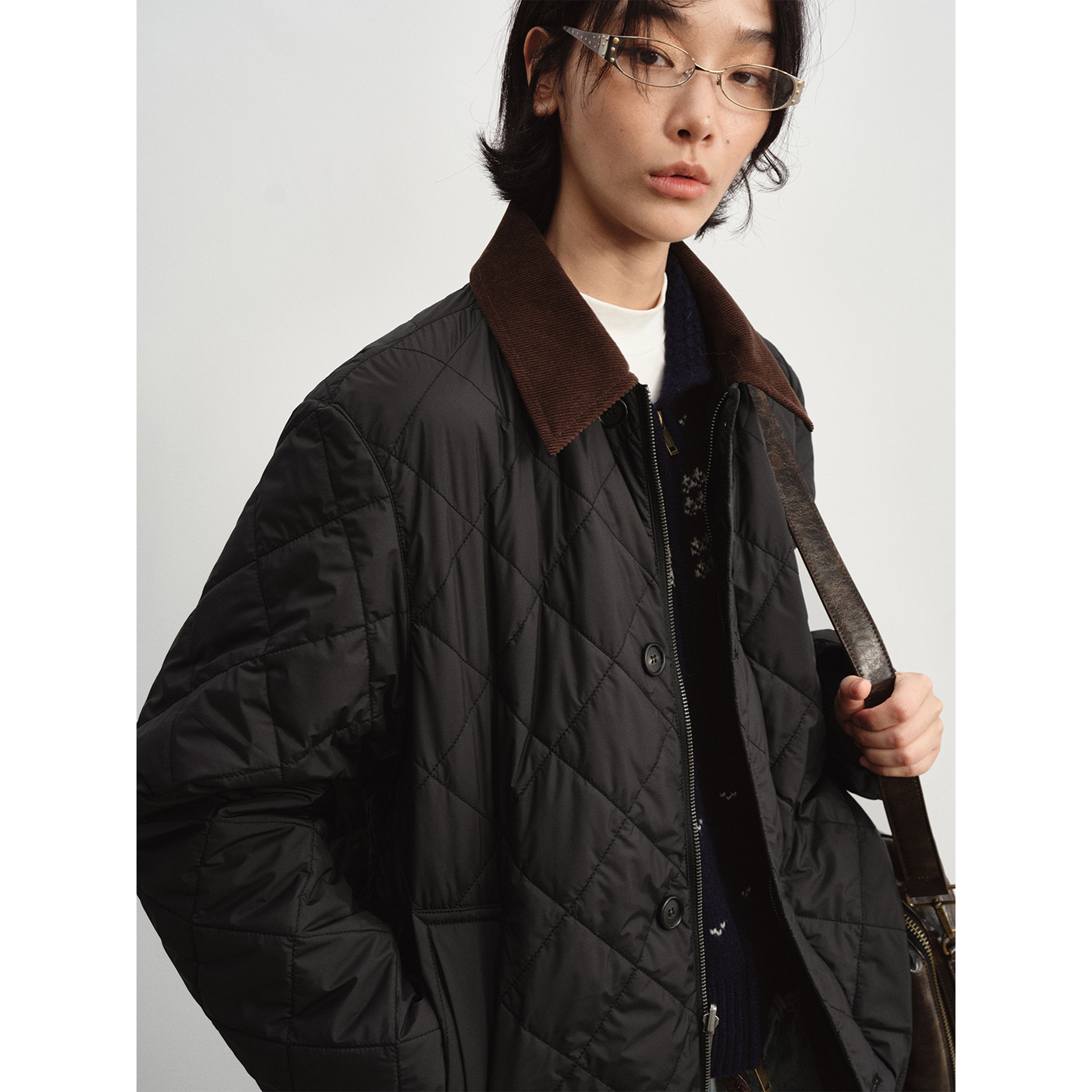 [识时]新品休闲百搭撞色翻领双面穿菱格长袖单排扣棉服外套V9373