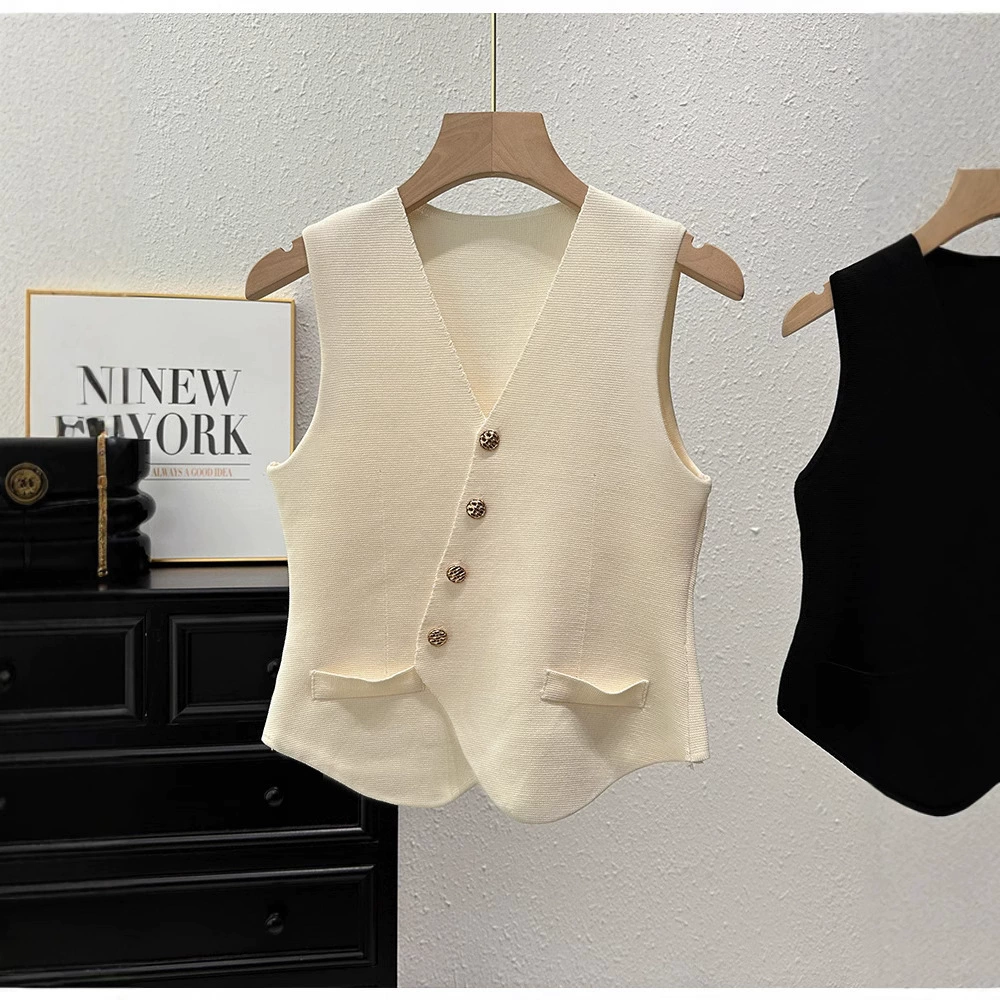 Вязаный жилет женский летний французский ретро с v-образным вырезом тонкий костюм без рукавов жилет шикарный асимметричный топ