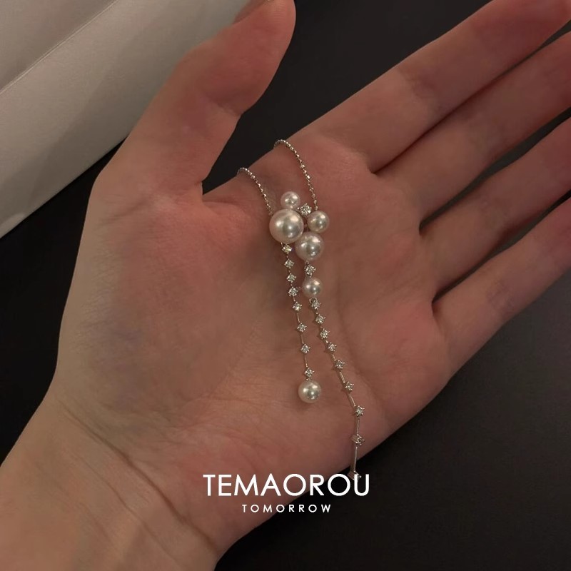 女性用フレンチクールパールとダイヤモンドのロングタッセルネックレス、軽い高級感、マイクロセットのジルコン鎖骨チェーンアクセサリー|undefined