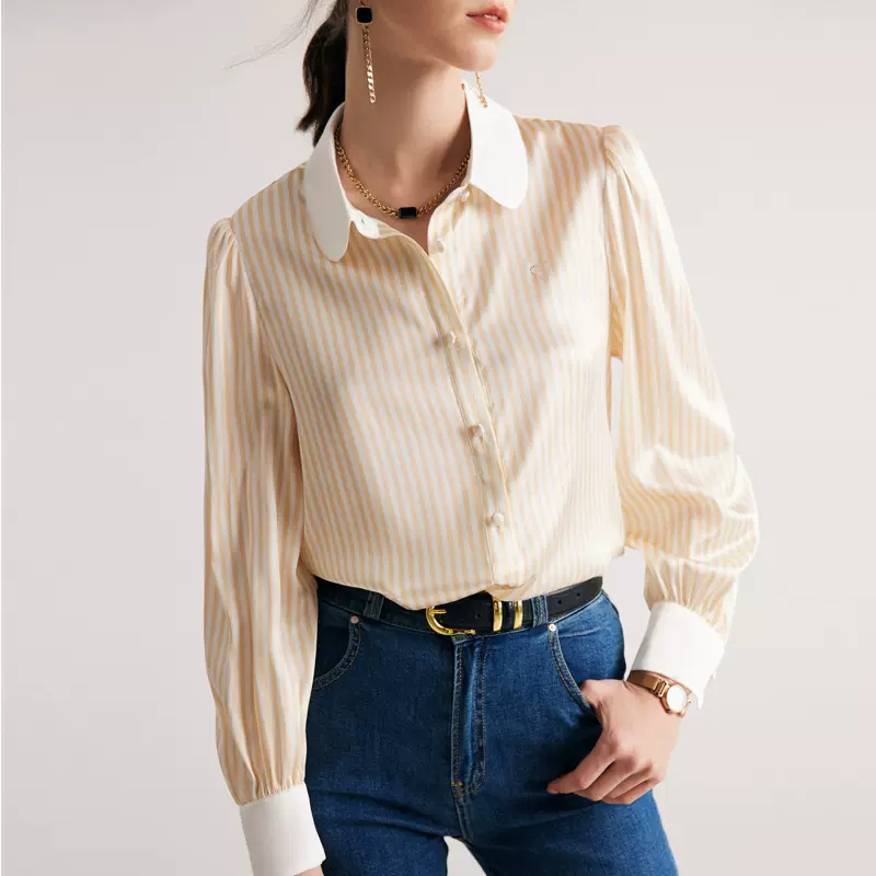 真丝衬衫女2025早春新款长袖条纹娃娃领印花缎面长袖桑蚕丝衬衣