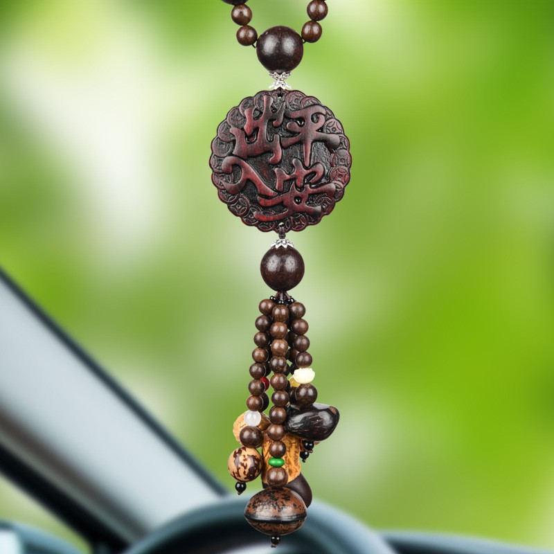 Peach Wood Car Hanging Ornament with Pixiu for Safe Journey, Car Rearview Mirror Pendant, Creative Car Interior Accessory