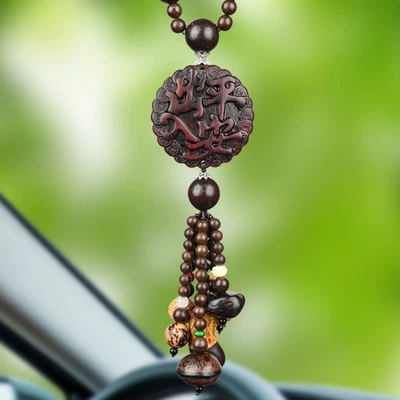Peach Wood Car Hanging Ornament with Pixiu for Safe Journey, Car Rearview Mirror Pendant, Creative Car Interior Accessory (Car hanging) - peach-wood-pixiu-safe-entry-and-exit-pendant-bodhi-style
