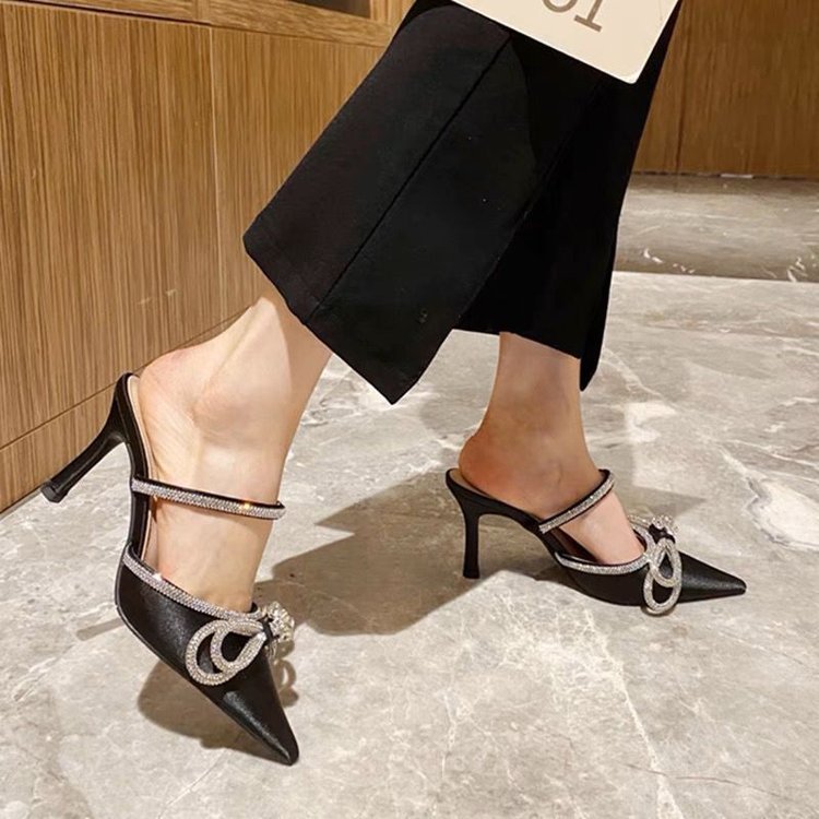 High heels pointed-toe, sexy sandals with rhinestones with bow stiletto heels, 2026 years, open heel, Korean style