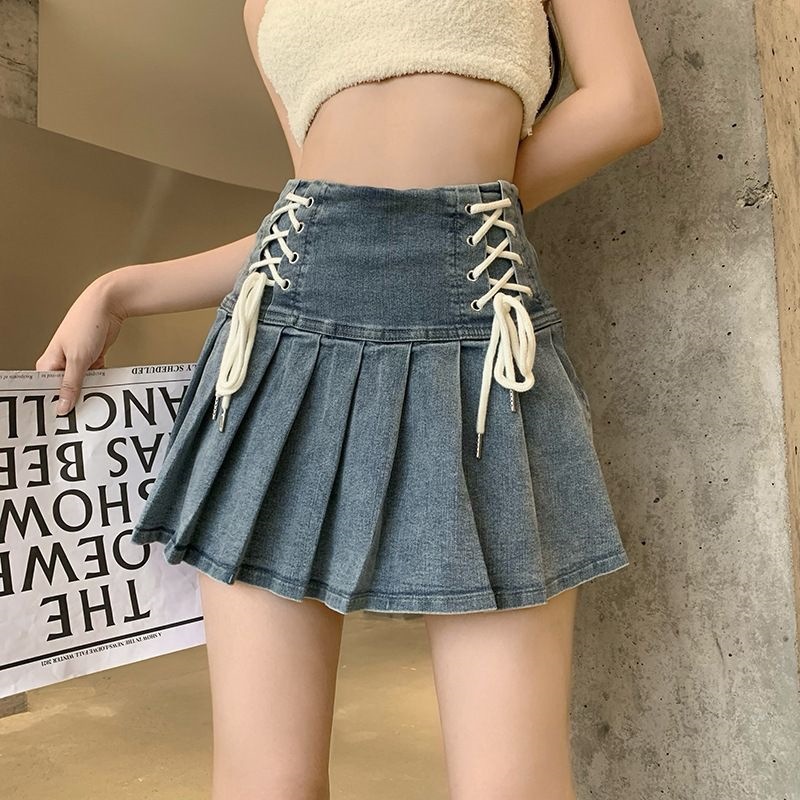 辣妹绑带设计感牛仔百褶裙女2026夏季新款高腰小众a字半身裙短裙