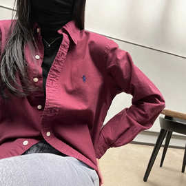 现货高品质RL拉夫酒红色长袖衬衫小马标刺绣牛津纺衬衣上衣男女同