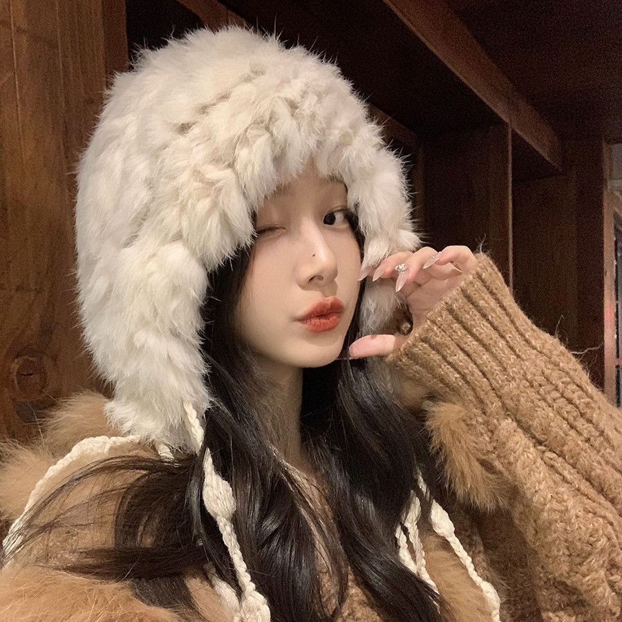 兔毛针织毛绒帽子女冬季韩版显脸小护耳帽加厚保暖流苏套头雷锋帽