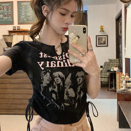复古做旧短袖T恤夏季宽松抽绳设计感辣妹上衣