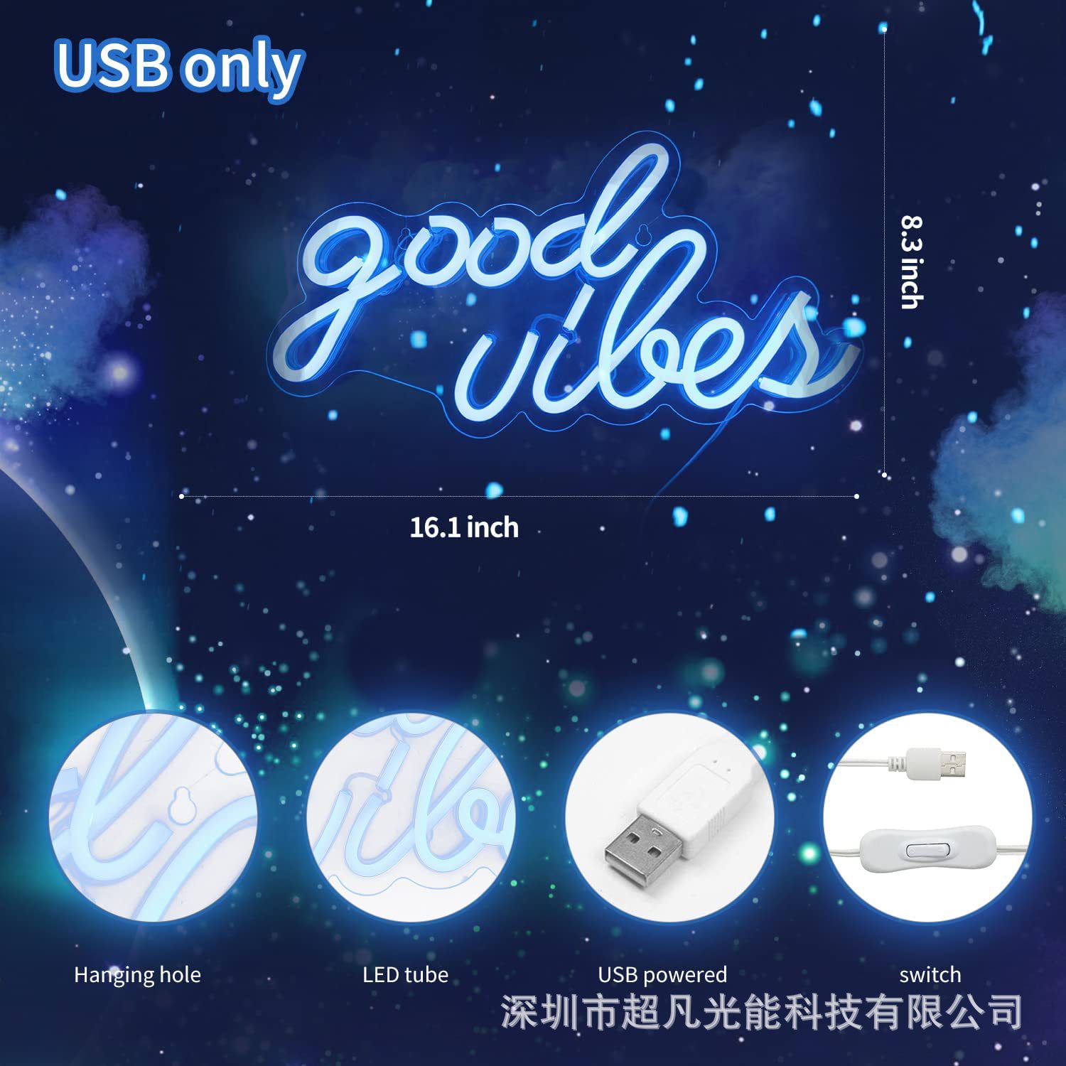 Amazon popular acrílico transparente de neón carta Fondo Junta LED BUENAS VIBES luz decorativa