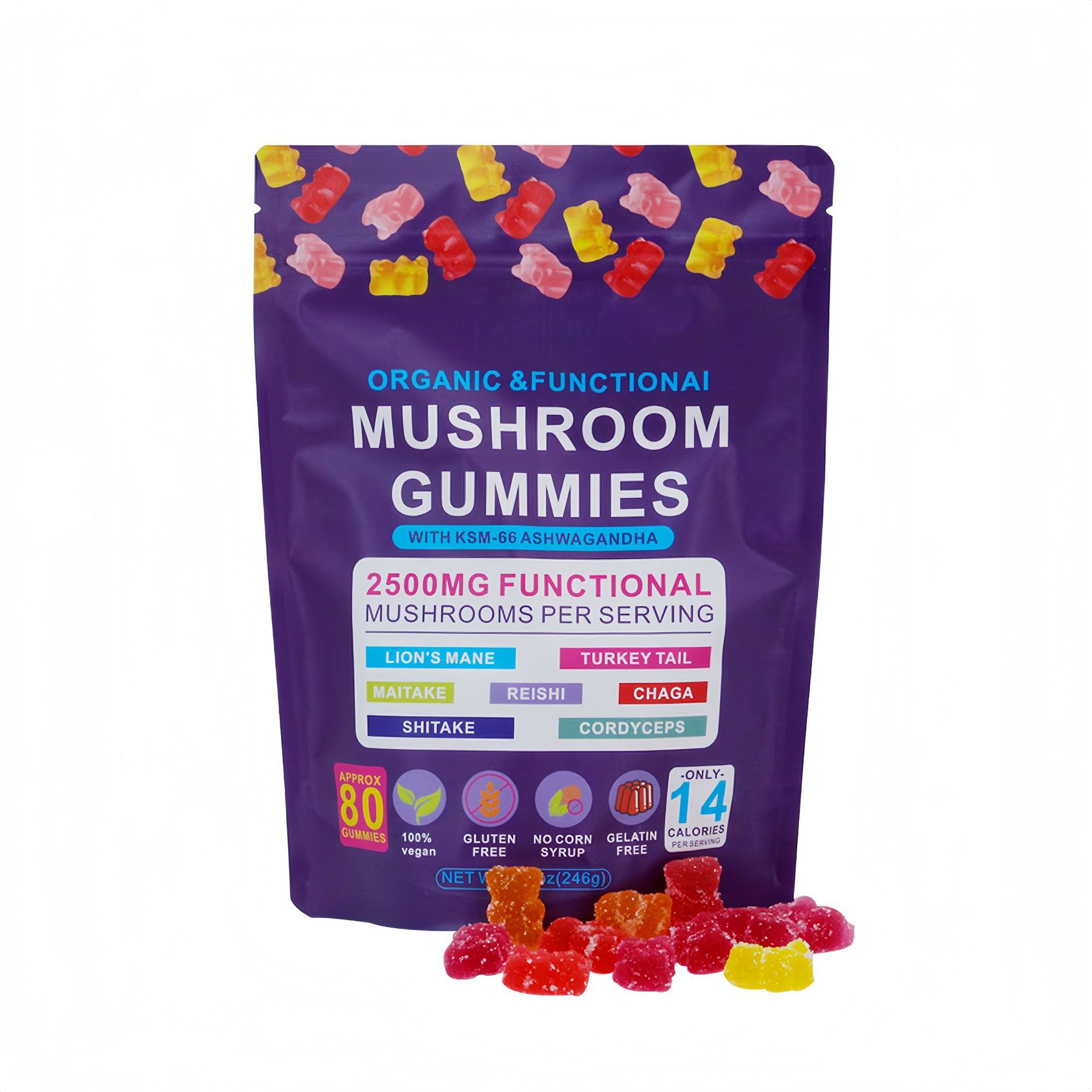 Mushroom Complex Gummies with Ashwagandha and Lion's Mane Sugar-Free Bear Gummies key features