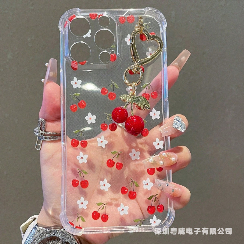 四角樱桃花朵适用苹果16pro手机壳iphone15pro跨境14/13/12阶梯11
