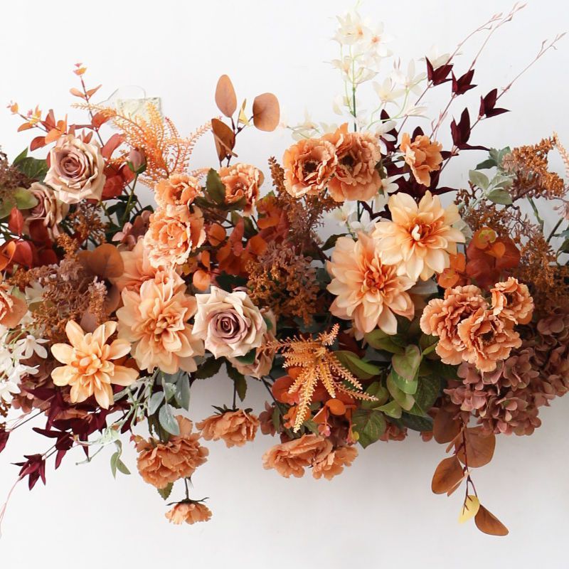 レトロな花飾り、茶色の花の列、壁掛け、ショーウィンドウ、結婚式の装飾、シルクフラワー、イベントの通路装飾|undefined
