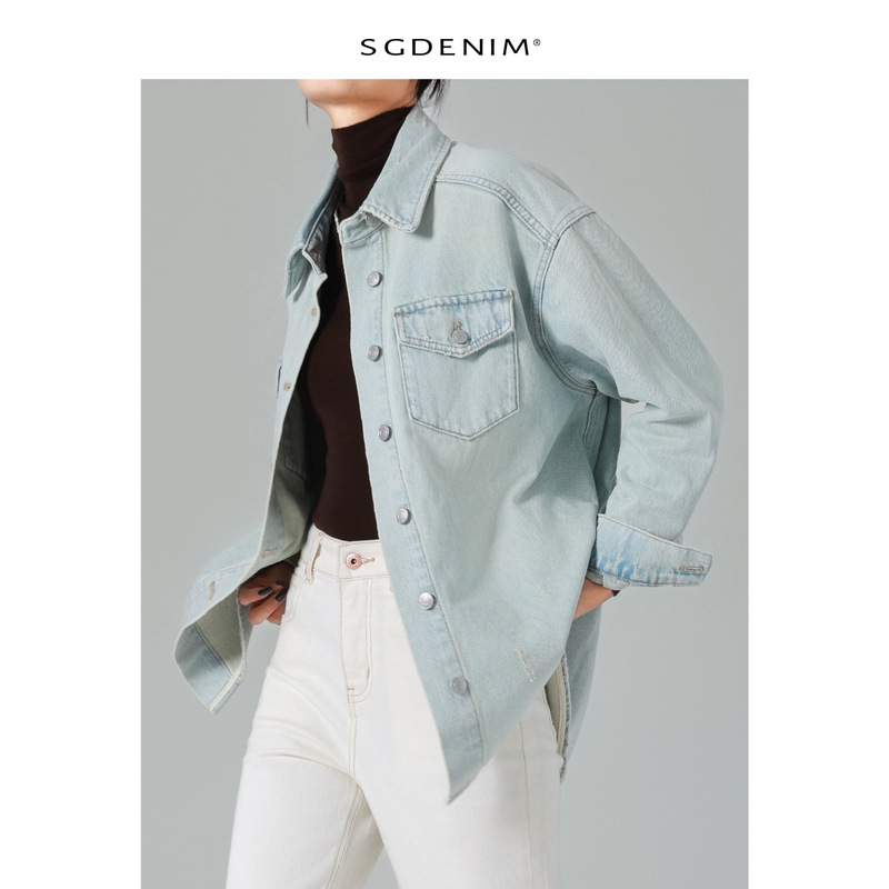 Retro Hong Kong Style/Jean Jacket Women's Oversize Silhouette Jacket Shirt Long-Sleeved Light Color 25 Autum New Trend
