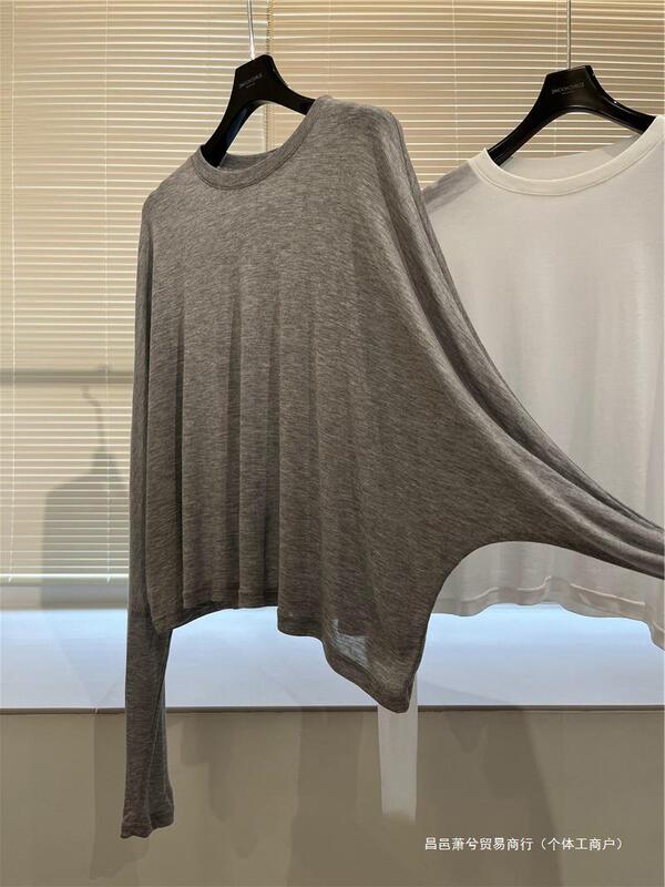 氷糸マスクtシャツ女性夏軽薄通気天糸上着ゆるい怠惰な丸首長袖日焼け止めブラウス|undefined