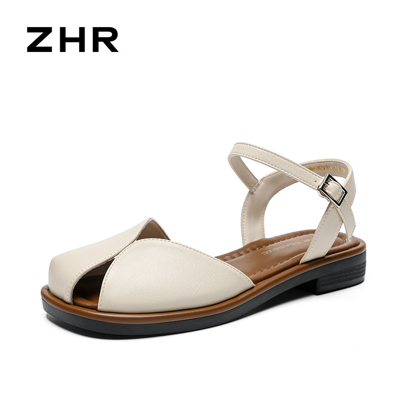 Sandal bít mũi nữ phong cách Mori quai mảnh đế bệt — KN30 màu be