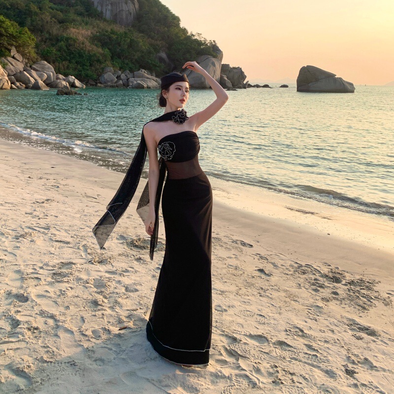Beautiful Evening Dress for Important Occasions, Black Sheer Strapless Dress, Pure and Sexy Atmosphere, Elegant Long Dress for Women