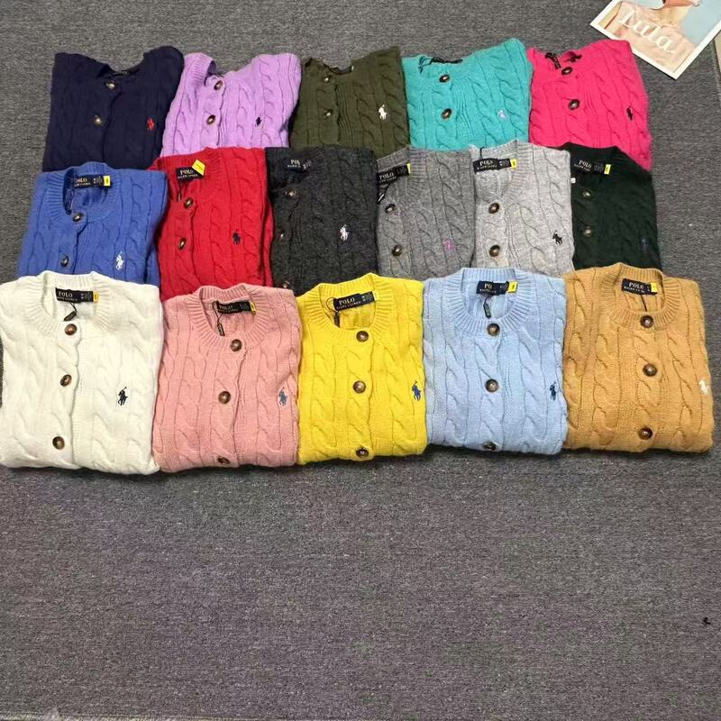 Scan the Qr Code Rl~2025 Autumn and Winter Laffy Pony Logo Twist Embroider Wool Round Neck Simple Knitted Cardigan Sweater Scan the Qr Code Rl~2025 Autumn and Winter Laffy Pony Logo Twist Embroider Wool Round Neck Simple Knitted Cardigan Sweater