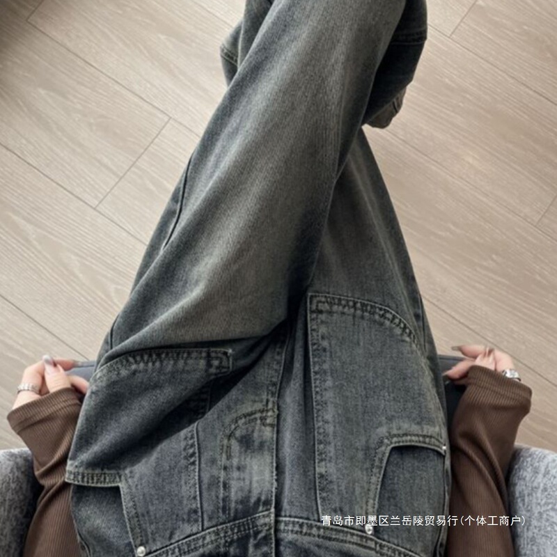 Cement Gray Straight-Leg Jeans for Women, Spring High-Waisted Slimming Retro Guangdong Thirteen Lines Petite Loose Wide-Leg Pants