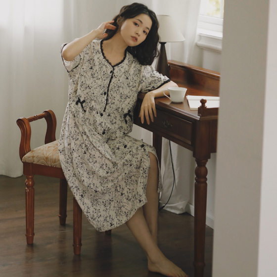 Happy Moon with Chest Pad New Cloud Cotton Moon Clothes Pajamas Pregnant Women Discharged from Hospital Pregnant Women Breastfeeding Clothes Long Skirt