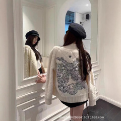 秋冬蝴蝶刺绣提花拉毛衣外套女新款香风立领时尚百搭针织衫上衣