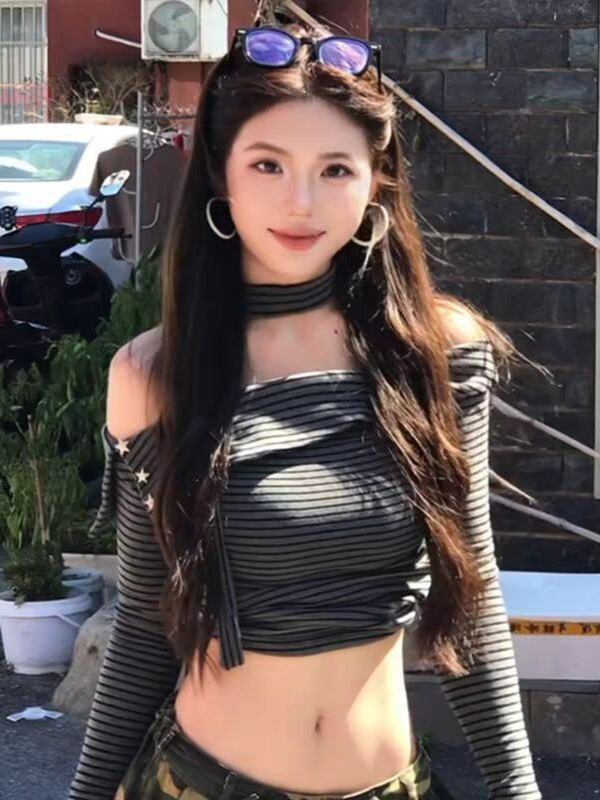 美式复古辣妹一字肩条纹长袖t恤女早秋新款修身显瘦露肩短款上衣|undefined