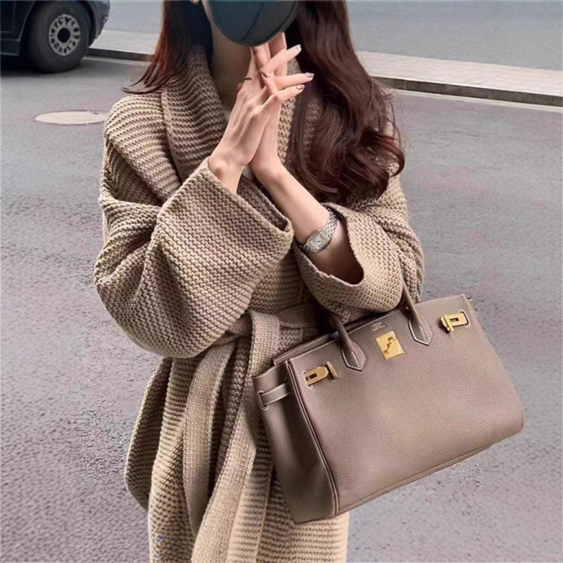 European Women's Knitted Cardigan Autum New Lazy Style Belt Slim Fit Simple Elegant Pure Color Sweater Jacket