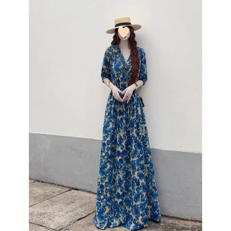 Extra Long Ankle-Length Dress for Tall People, French Oil Painting Style, Loose Large Size, Waist Slimming, Belly-Covering, Gentle Long Skirt