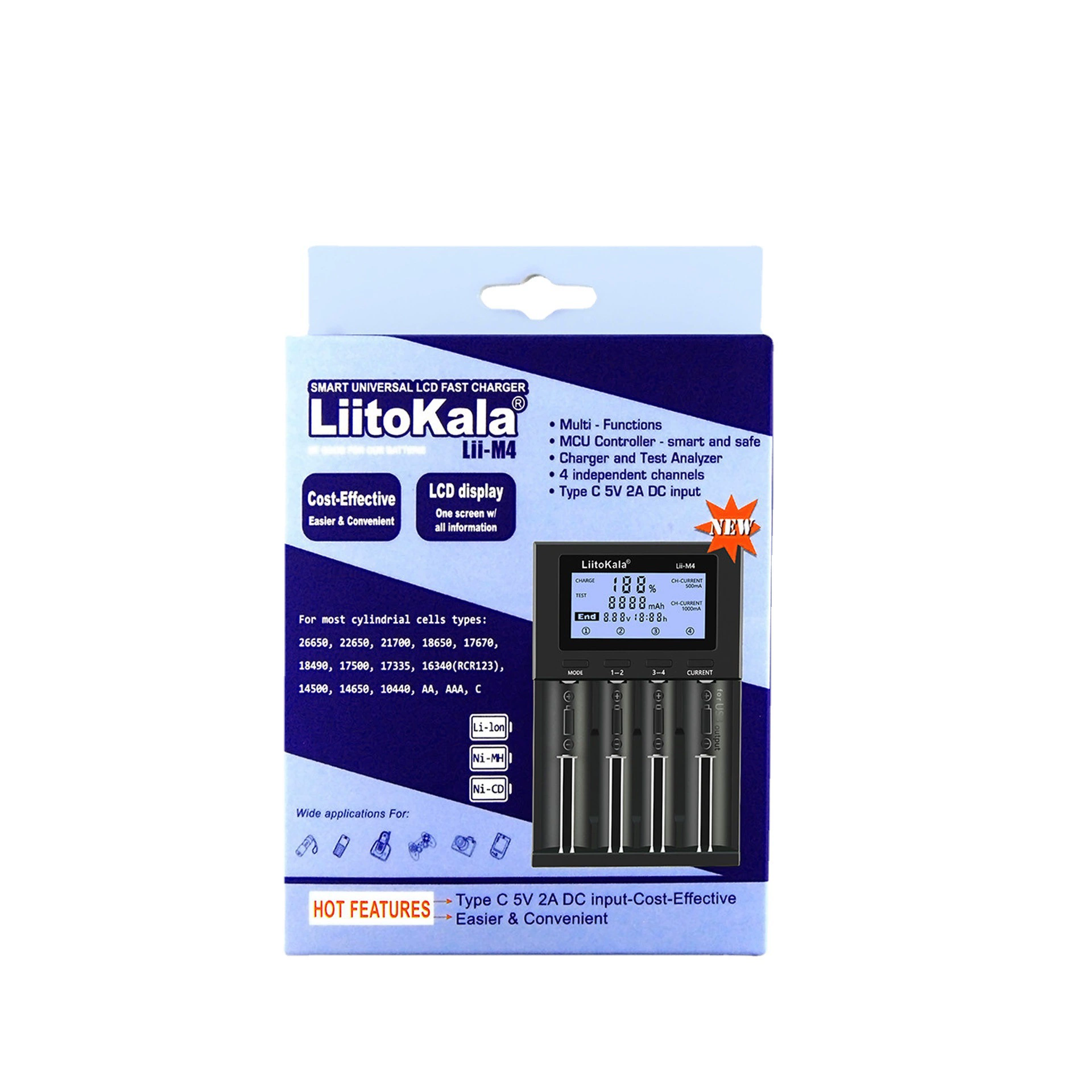 LiitoKala Lii-M4 зарядное устройство для 18650/26660 с индикатором емкости/жидкокристаллическим дисплеем 5V2A