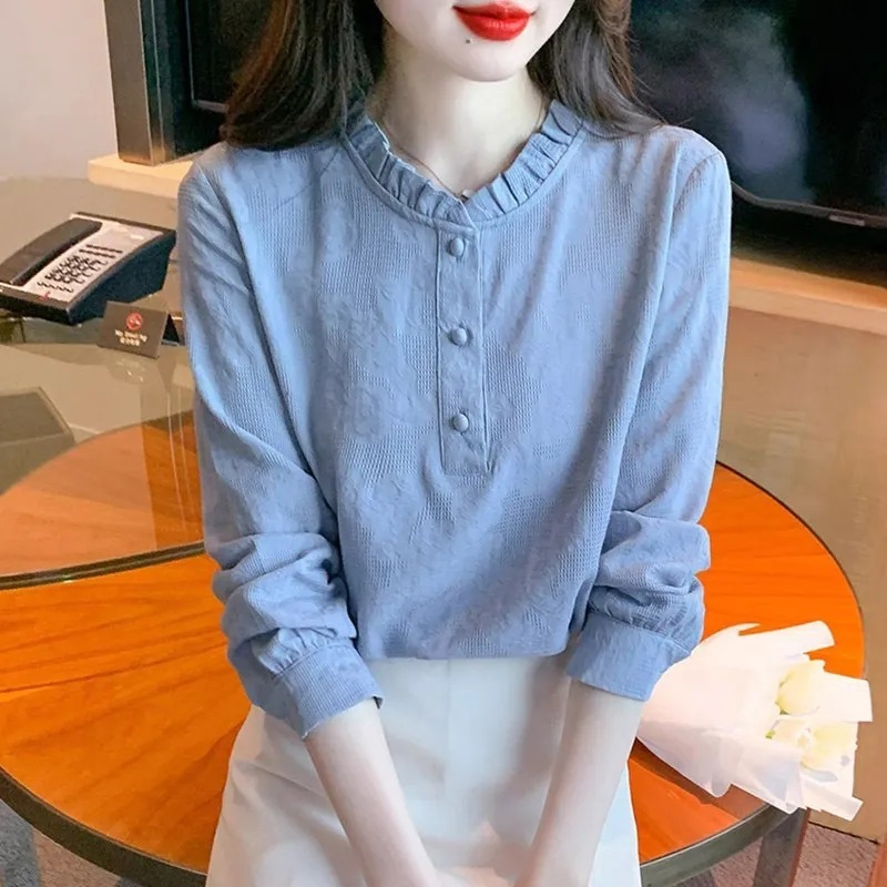万能ボトムシャツ、スリム長袖春秋新作気質シャツ、蓮の葉襟ジャカード綿麻レディースTシャツ|undefined