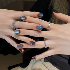 手工穿戴甲棕蓝色半法式秘境蓝海玻璃珠猫眼甲片新款爆闪琥珀美甲