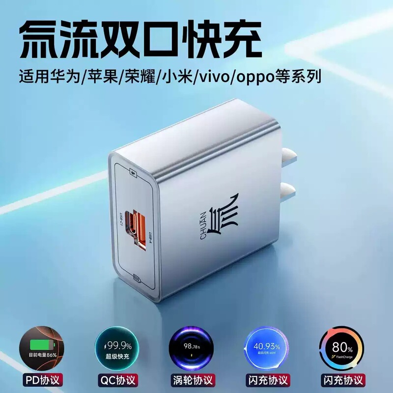 The New Tritium Flow Fast Charging A+C Dual-Port Charger Is Suitable for Apple and Huawei Gallium Nitride Multi-Port USB Charging Head Set