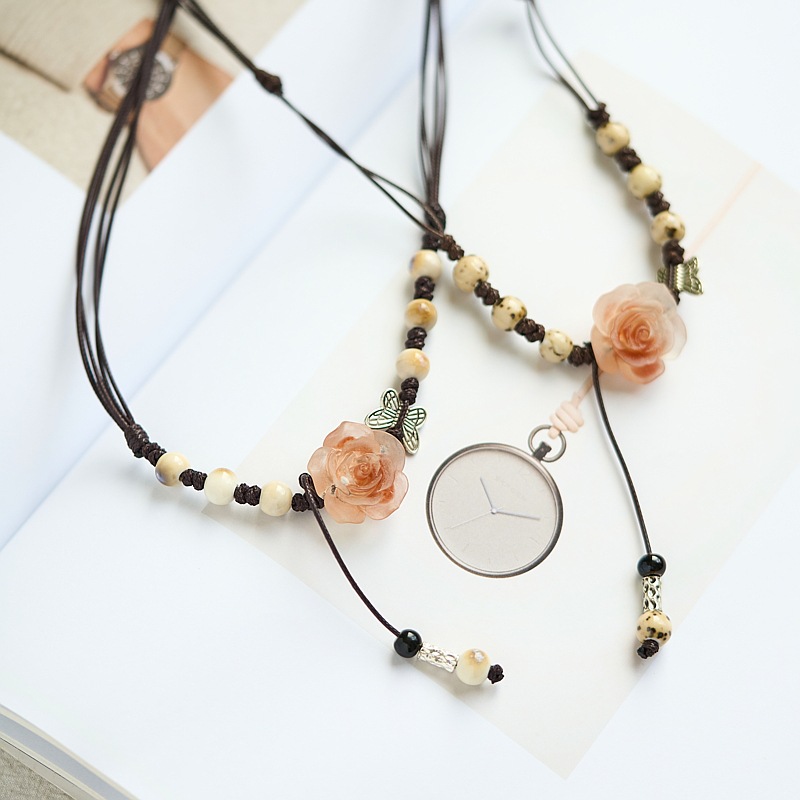 新中式山茶花蝴蝶陶瓷项链轻奢小众设计感串珠民族风国潮毛衣链女