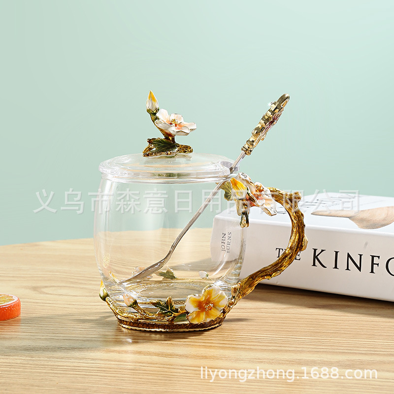 Esmalte taza de agua de color flor creativa taza de té taza de jugo taza de vidrio de cristal resistente al calor taza de café taza de pareja de gama alta regalo de la taza