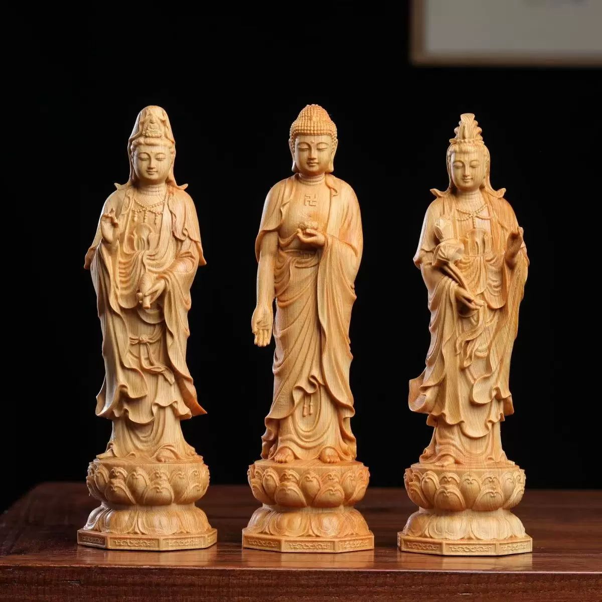 崖柏黄杨木雕西方三圣阿弥陀佛大势至菩萨观世音客厅摆件工艺品