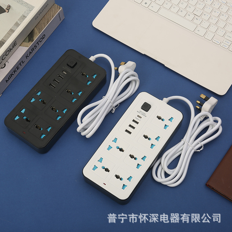 3USB+1PD厂家批发外贸插座排插多功能黑白混色带防触电天蓝安全门