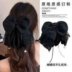 パールリボン付きハーフポニーテールクリップ、髪量を増やすヘアクリップ、後頭部用シャーククリップ、パールヘアアクセサリー