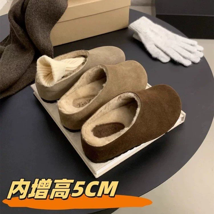 Маленький человек увеличен на 5 см ~ Кожаные ботинки Buckenn Женская толстая подошва полубуксировка плюс бархатная осенняя зимняя хлопчатобумажная обувь новый баотоу тапочки