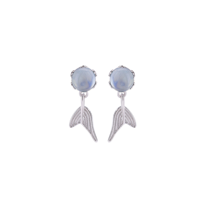 Khuyên tai bạc S925 đính đá aquamarine hình đuôi cá xanh dương phong cách tối giản — Một đôi