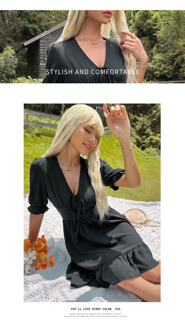 Women's Summer Dress Slim Fit Solid Colour Lotus Leaf Skirt Dress_voghion.com