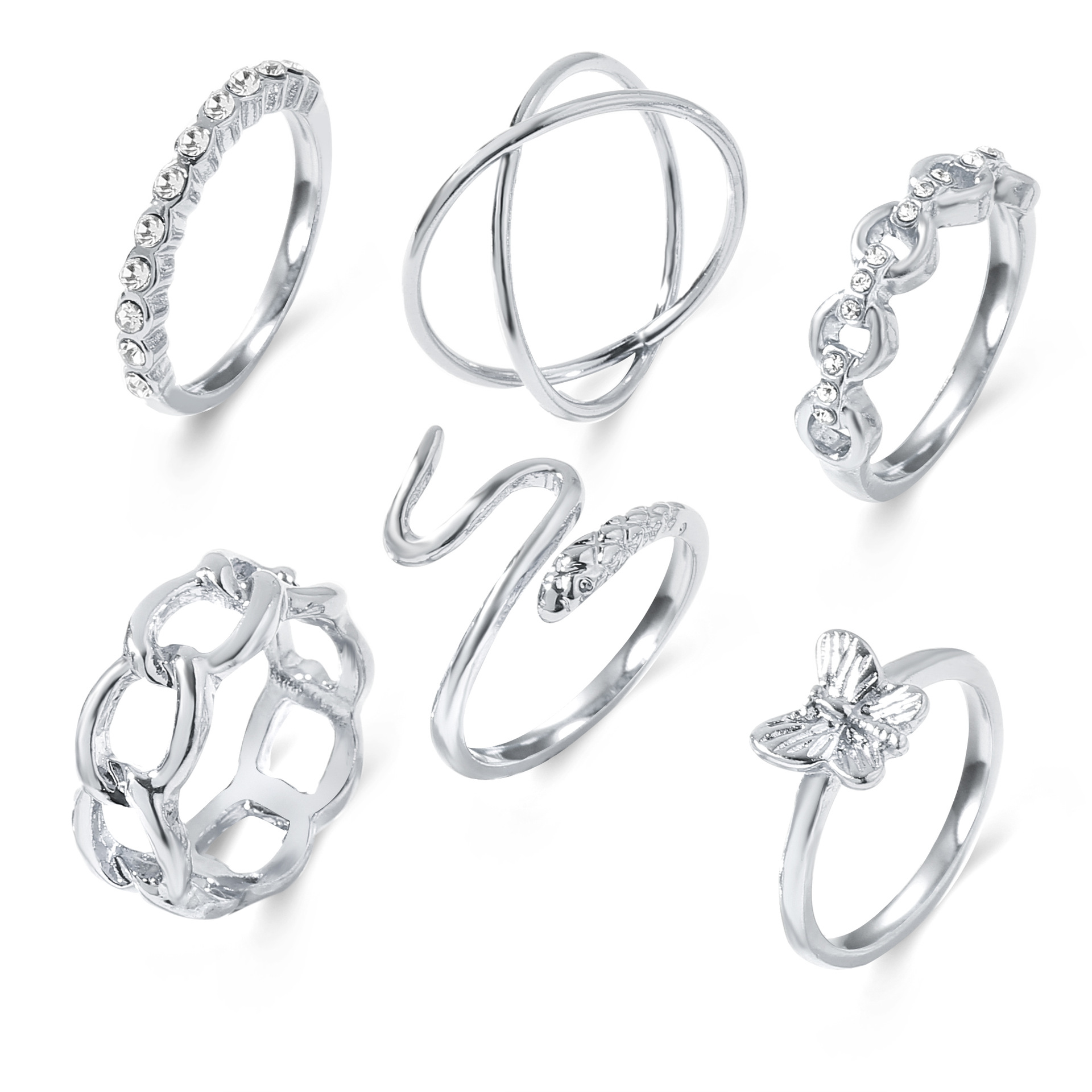 Fashion Diamond Butterfly Snake Ring Set Of 6 display picture 2