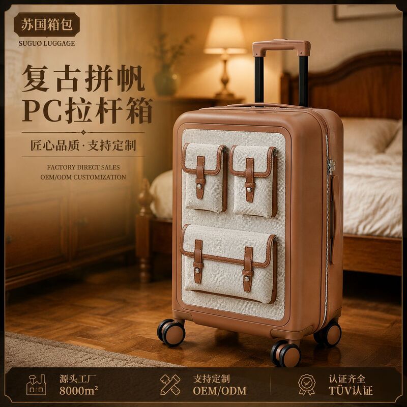 Vintage canvas trolley suitcase with custom TSA lock, silent double-row wheels, front multi-pocket business carry-on luggage
