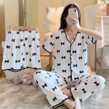 外贸夏秋季短袖长裤薄款3件套睡衣韩式睡眠服套装舒适透气休闲服