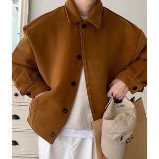 Autumn and Winter Japanese Style Short Woolen Coat Men's Korean Style Loose Lapel Jacket Hong Kong Style Retro Casual Thickened Jacket