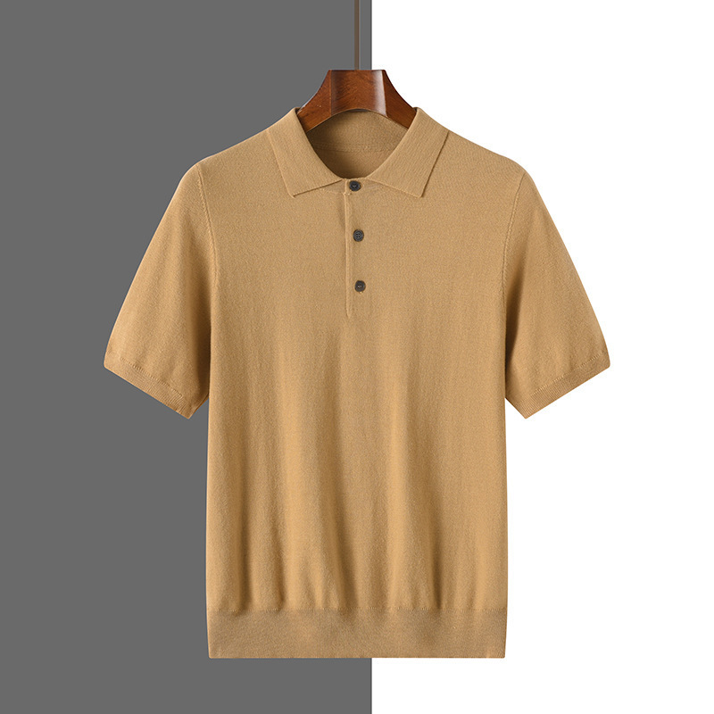 25 Years New Summer Worsted Wool Men's Polo Collar Knitwear Short-Sleeved T-Shirt Pure Color Bottoming Shirt Top
