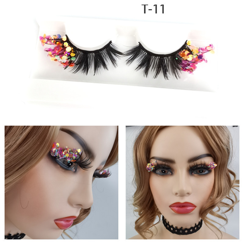 Color ojo de gato 3D pestañas postizas maquillaje de escenario natural cola de ojo brillo lentejuelas fluorescentes gruesas pestañas europeas y americanas exageradas