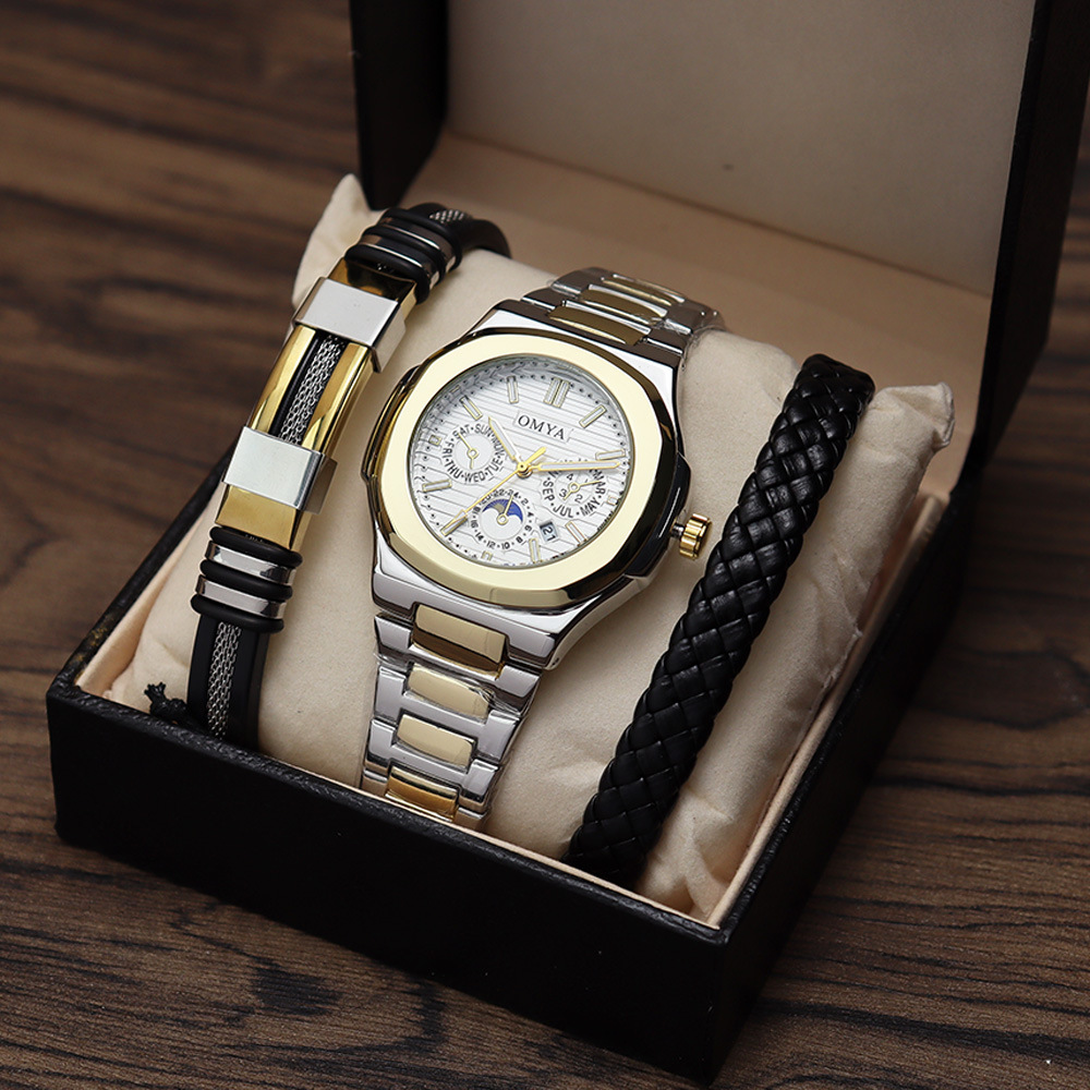 Neues, meistverkauftes dreiteiliges Herrenuhren-Set, Geschenk-Armbanduhr, Kalenderuhr, Herren-Set, wasserdichte Uhr_voghion.com