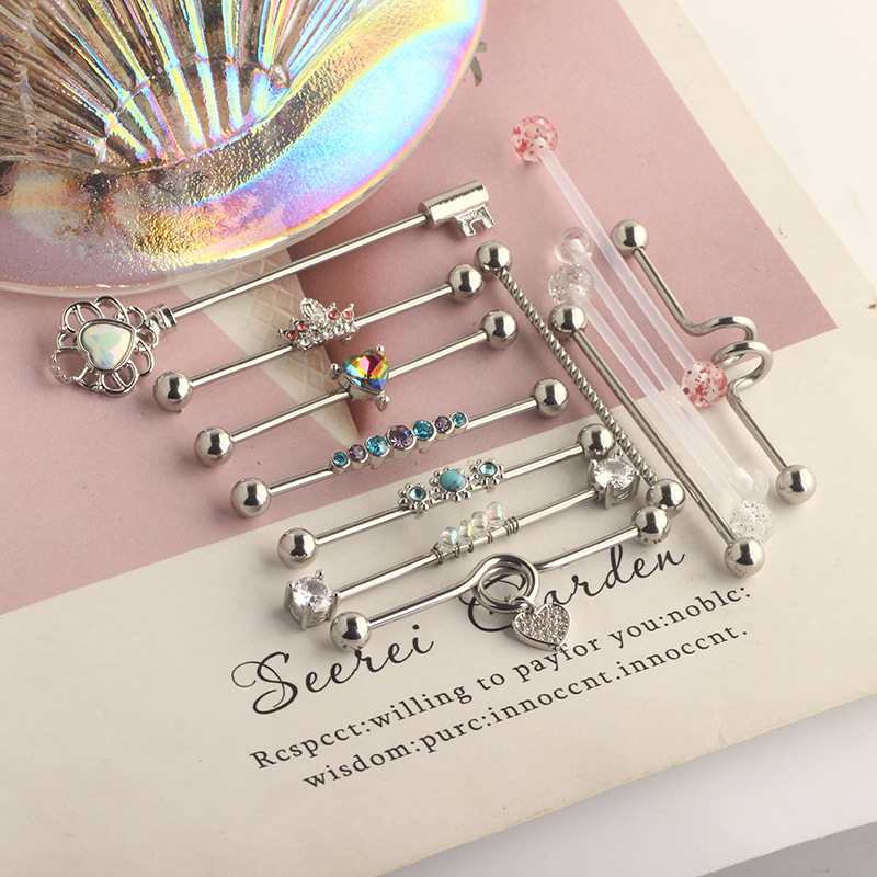 Heart Shaped Industrial Barbell Ear Studs Stainless Steel Cartilage Piercing Jewelry Set detail image 7